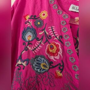 NWOT St. Lareina Pink Cotton Embroidered Blouse Boho Floral Hippie Peasant Party